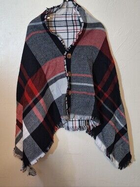 Blanket Jacket Women's One Size Button-up Fringed Buffalo Plaid Cape Poncho